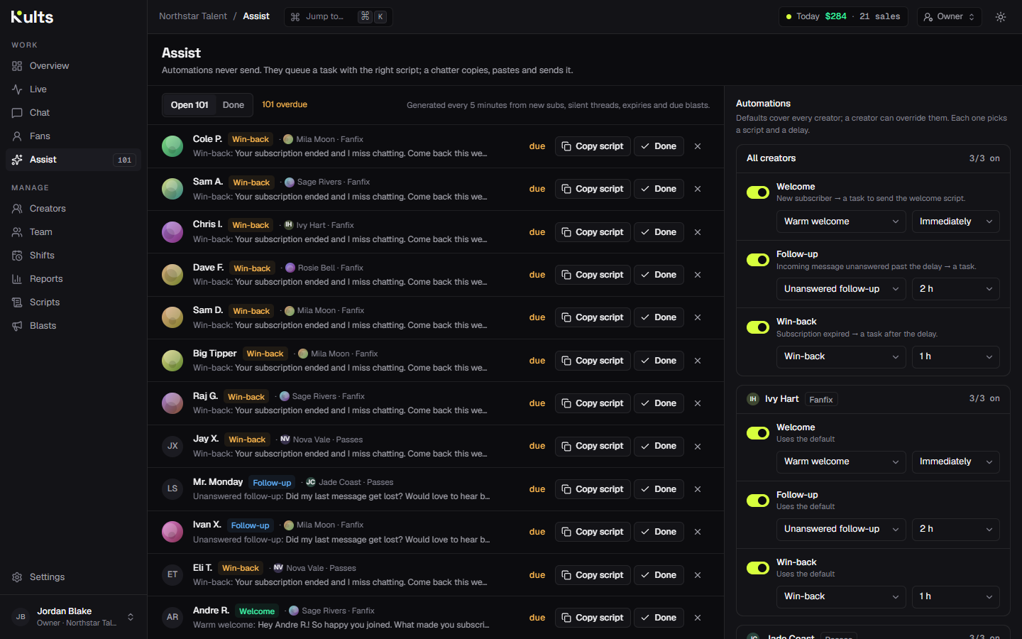 Kult Automations page, demo data